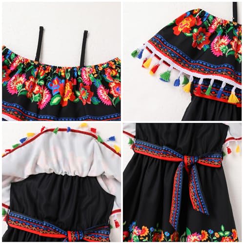 AWIBMK Mommy and Me Matching Floral Ruffle Mexican Dress Off-Shoulder Belted Cinco De Mayo Fiesta Mom Daughter Outfits4