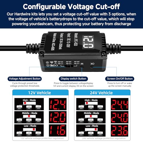 Image of Upgraded Dash Cam Hardwire Kit, 11.5ft Acc USB-C Hardwire Kit (12V-24V to 5V) with Voltage Display, Type C 3-Lead Hard Wire Kit W /Low Voltage Protection for Dashcam GPS Radar Detectors