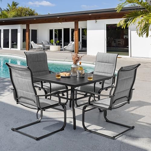 Image of NUU GARDEN 5 Piece Outdoor Dining Set, All Weather Outdoor Padded Textilene Patio Chairs and Square Dining Table with Umbrella Hole for Backyard, Patio, Garden, Deck, Light Grey and Black