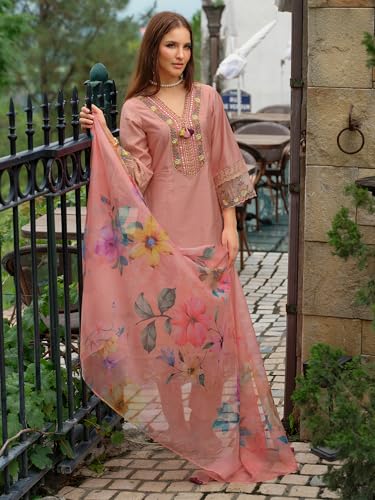 Image of INDO ERA Women's A-Line Cotton Blend Floral Embroidered Kurta & Pant With Dupatta Set (IEOUT11375)