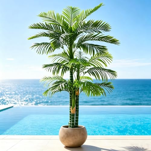 Image of 6FT Artificial Golden Cane Palm Tree, Potted Faux Trees | UV Resistant Indoor /Outdoor Fake Plant with Black Pot, Realistic Tropical Decor for Patio, Living Room, Office