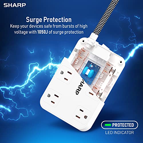 Protector eléctrico SHARP con 6 tomas, 4 puertos USB y enchufe plano miniatura 3