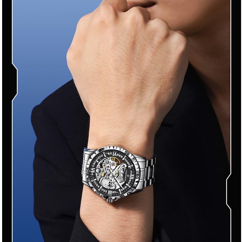 Image of Skeleton Automatic Mechanical Watch Mens Business Luxury Gift Steel Band | Stainless Steel Waterproof Male Golden Wristwatch Luminous Markers & Hands Hardlex Mirror Butterfly Double Button