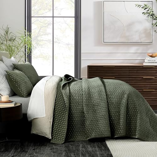 Image of Grassix Velvet Quilt Set Queen Size, Luxury Cross Stitch Design, Army Green | Lightweight Velvet Comforter with 2 Pillow Shams, Ultra Soft Bedspread Coverlet, Quilted Bedding Set for All Seasons, 90 inchx96 inch