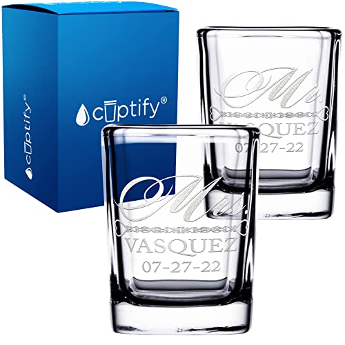 Personalized Mr and Mrs Shot Glasses Custom Engraved for Couples, Wife and Husband, Fiance and Fiancee, Bride and Groom at Wedding Party, Anniversary and Engagements