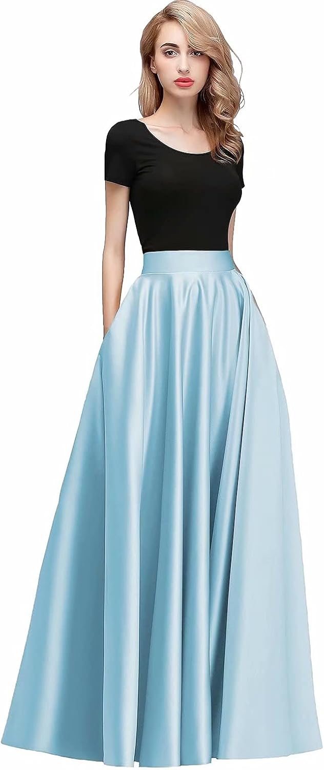 CLOTHKNOW Women Girls Satin Skirts Blue Long Floor Length High Waist