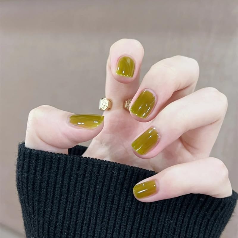 Solid Color Press on Nails short square Iced Matcha Green oval nail tip gloss false nail gel false nail short coffin solid natural small nail acrylic nail 24pcs Caeea 18