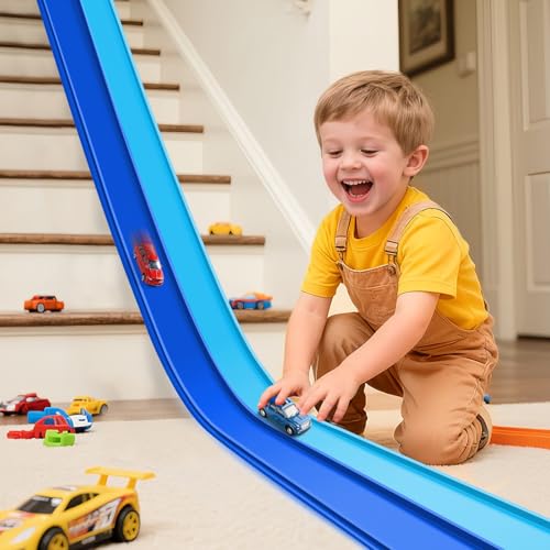 Image of Flex Tracks 15 Ft Starter Set, Flexible Race Track for Kids 3+ with Strong Suction Cups, Flexible Car Track Race Car Ramp Track Compatible with 1 /64 Diecast Cars, Portable Rolls Up Race Tracks