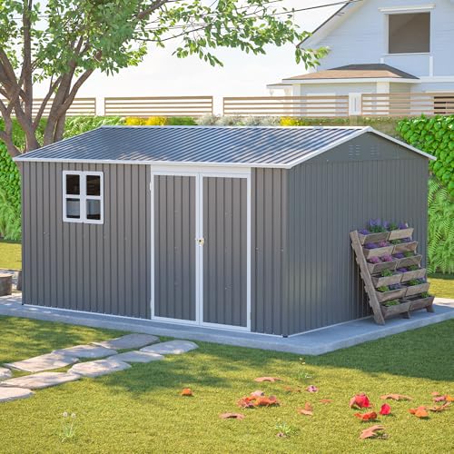 Image of YOPTO 12x10 FT Outdoor Storage Shed,Metal Shed W /Window & Floor Frame,Garden Tool House W /Sloped Roof,Lockable Doors & Air Vents,for Backyard Patio Lawn,Gray