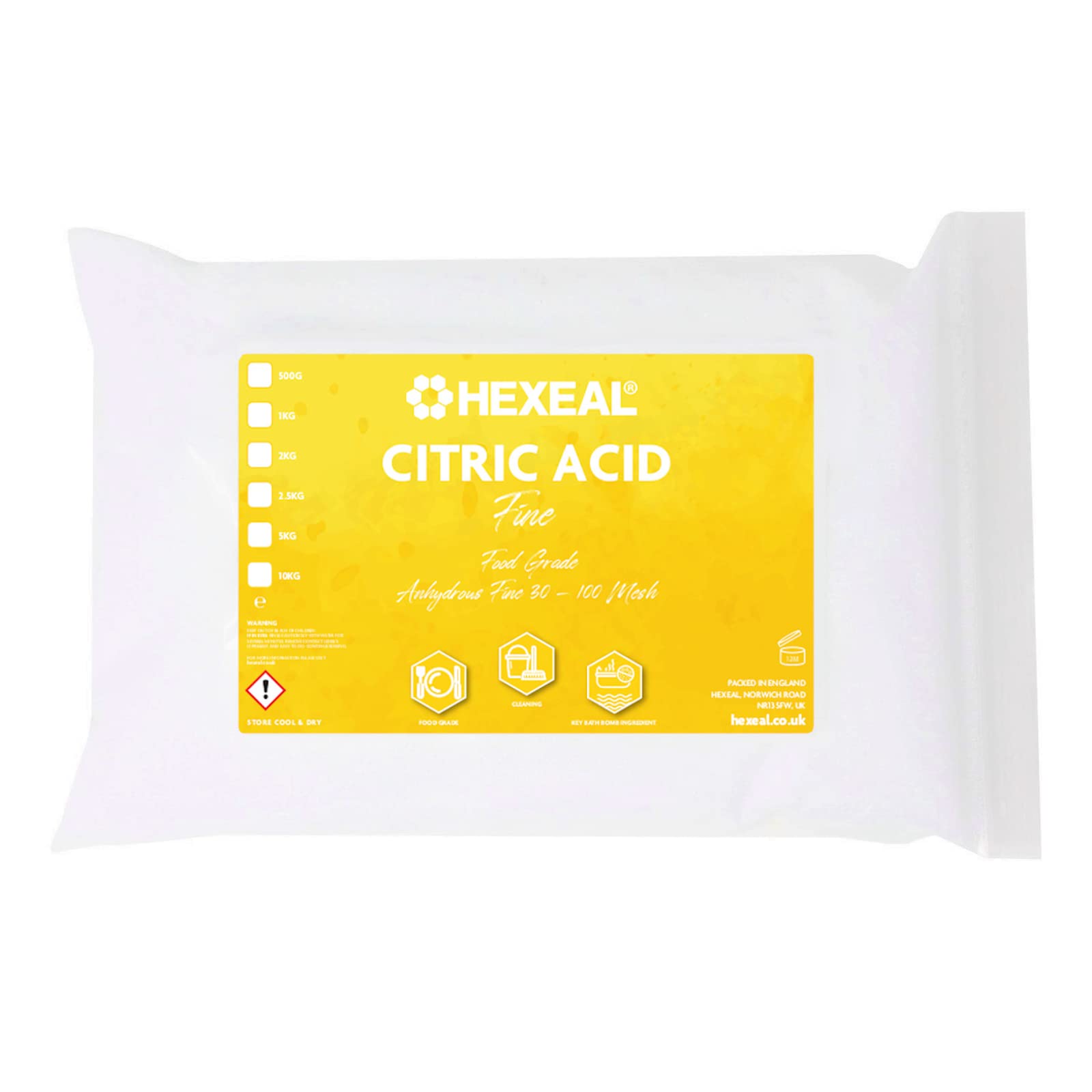 Hexeal Citric Acid 2kg – 2kg Bag of Food Grade Anhydrous Fine Citric Acid for Bath Bombs, Cleaning, Descaling, Removing Rust & Preserving
