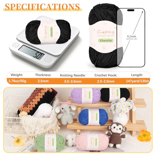 Image of Coopay Skinny Chenille Yarn for Crocheting and Knitting, 12 Pack of 50g /1.76oz - 1764yd Total, Crochet Yarn of Light Weights - Suitable for Baby Blankets, Plush Toys, Garments - Super Soft (Black)