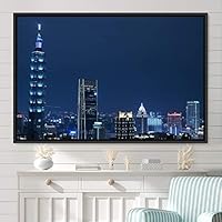 Framed Canvas Wall Art City Illuminations Aerial Cityscape Contemporary Multicolor Photography Places Realism - 16x24 inches