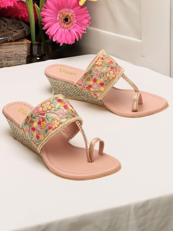 Image of DIPYO Floral Embroidered Ethnic Wedge Heel Slip-On Sandals for Women (Golden, Pink)