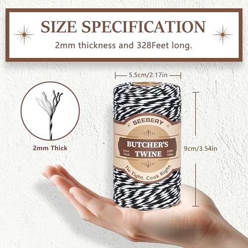Black and White Butchers Twine – 328Ft 2mm Food Safe Cotton Cooking Twine String for Trussing Turkey, Roasting, Baking, Tying Meat, Pumpkin Bread, Kitchen Use, Christmas Decorations and Gift Wrapping