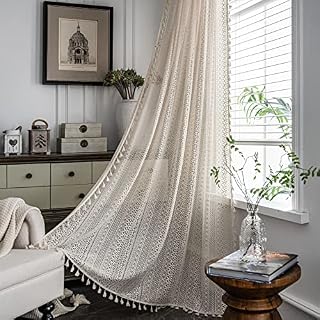 USTIDE Beige Rustic Curtain Cotton Crochet Curtain Chic Vintage Drape Rod Pocket Lace Macrame Curtains for Kitchen,Dining Room,Living Room,59" W×87" L