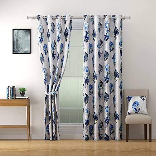 Image of Swayam 90% Blackout Polyester Window Curtain for Living Room & Bedroom | 5 Feet | Room Darkening Curtain with Eyelets | Pack of 2 | Leaf Design - White & Blue