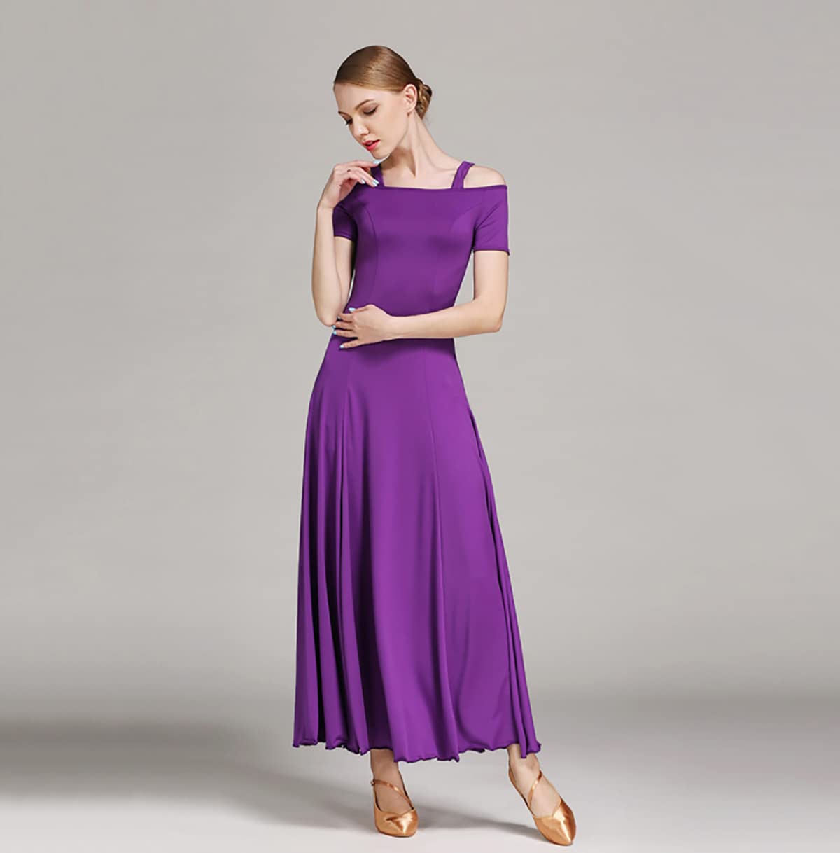 Kobieta? moda seksowna sukienka na ramię solidna długa sukienka na imprezę elegancka sukienka nowoczesna walc ubrania do tańca balowego taniec duża spódnica swingowa odzież performance (XXL, fioletowy)