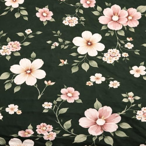 Image of Dahlia Elastic Fitted Glace Cotton Queen Size (78x72x up to 6 Inches) Bedsheet for Kids with 2 Pillow Covers - 200TC (Flower, Green Color)