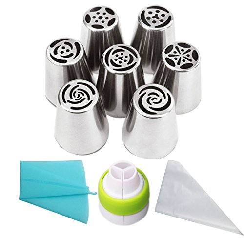 19pcs/set Russian Piping Tips:7 Russian Tips +1 Tri-color Coupler +1 Reusable Silicone bag +10 Disposable Pastry Bags/Large Size Icing Piping Nozzle Tips Set
