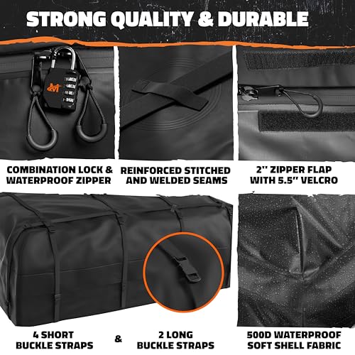 Mockins XXL 90"x50"x6" Heavy Duty Roof Rack Cargo Carrier w/ 50 CuFt Waterproof Rooftop Cargo Bag for Top of Car | All-Weather 250 Lbs Cap Car Top Carrier Roof Basket for SUV RV Van w/Accessories