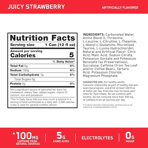 Image of Optimum Nutrition Amino Energy Sparkling Hydration Drink,Electrolytes,Caffeine,Amino Acids,BCAAs,Sugar Free,Juicy Strawberry,12 Fl Oz,(Packaging May Vary),12 Count (Pack of 2)