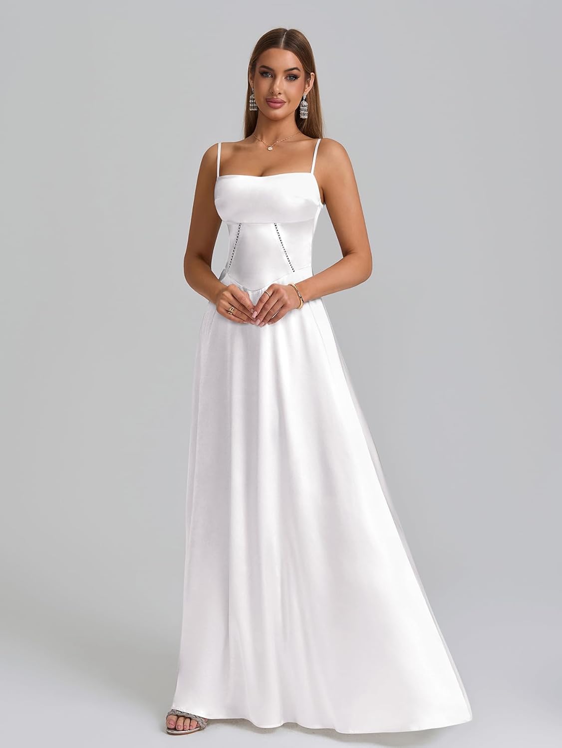 KUTUMAI Satin Maxi Dress Spaghetti Strap Lace Up Long Formal Dresses for Women Wedding Guest Cocktail Evening Prom - Image 6