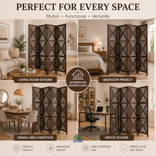 Image of Wooden Room Divider Partition for Living Room | Foldable 4 Panel Decorative Privacy Screen Separator for Home, Office & Bedroom | Modern (Chocolate Brown)