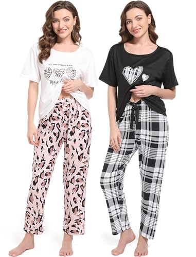 2 Pack Women's Pajama Sets Short Sleeve Tee Pants Pjs Plaid Leopard Lounge wear