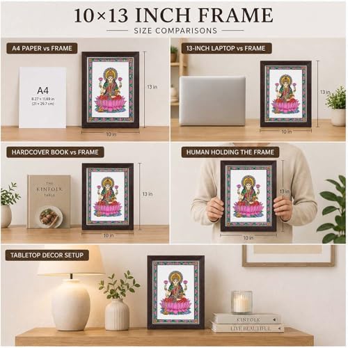 Image of PAPER PAJAMA Goddess Lakshmi Vastu Wall Art for Living Room | Madhubani Lakshmi Mata Painting on Lotus | Traditional Mithila Religious Framed Decor for Home, Office & Pooja Room (10x13 Inches)