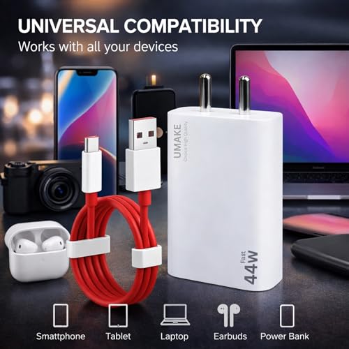 Image of Umake 44W Quick Charge 3.0 Wall Charger with USB-A to Type-C Cable, High-Speed Charging Adapter Compatible with VOOC, Warp & Dash Supported Devices BIS Certified