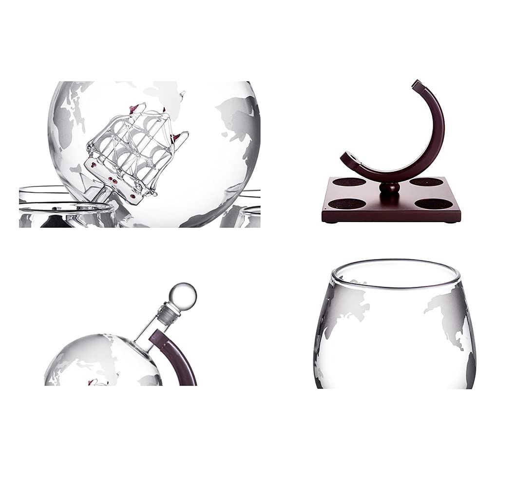 Juego de decantador de whisky Decantador de globo terráqueo grabado con 4 vasos Decantador de licor de 1000 ml para whisky escocés Vodka Escocés, accesorios de bar para el hogar de ron para hombres,