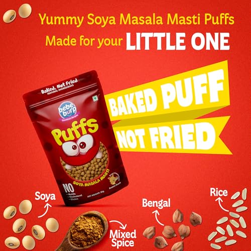 Image of BE'BE' BURP Healthy Puff Snacks | Soya Masala Masti | Baked Puffs, Not Fried, Protein Snacks | No Maida & Gluten-Free | Travel-Friendly | 35gms Each (Pack of 4)