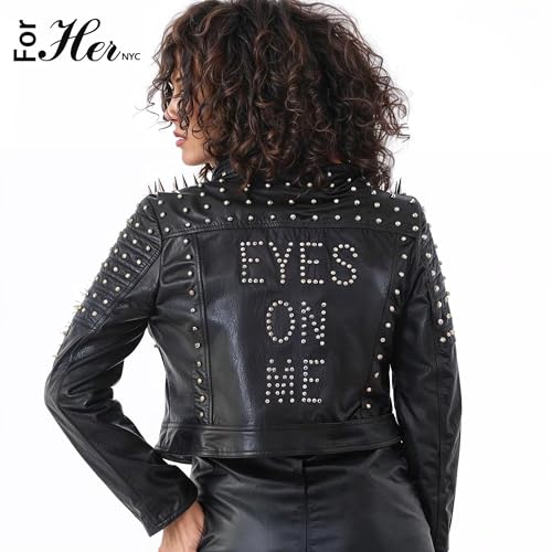 ForHerNYC Women's Studded Faux Leather Jacket – Colorful, Trendy Motorcycle Style – Regular - 817522