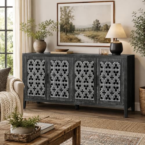 Image of Black Farmhouse Buffet Sideboard Cabinet with Carved Doors, Vintage Accent Storage Cabinet for Dining Room, Living Room, Entryway & Coffee Bar