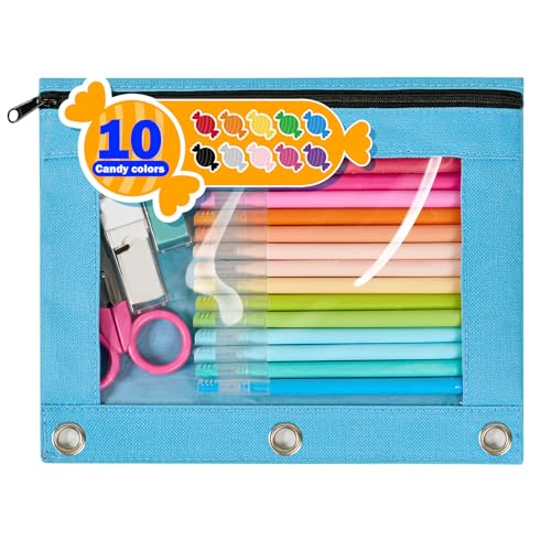 Forvencer Zippered Pencil Pouches, Premium Heavy-Duty Zippers, Aesthetic 3 Ring Pencil Case, Candy Colors, Cute Clear Top Binder Pouch, Colorful Zipper Pencil Bag for Girls Boys Adults, Baby Blue