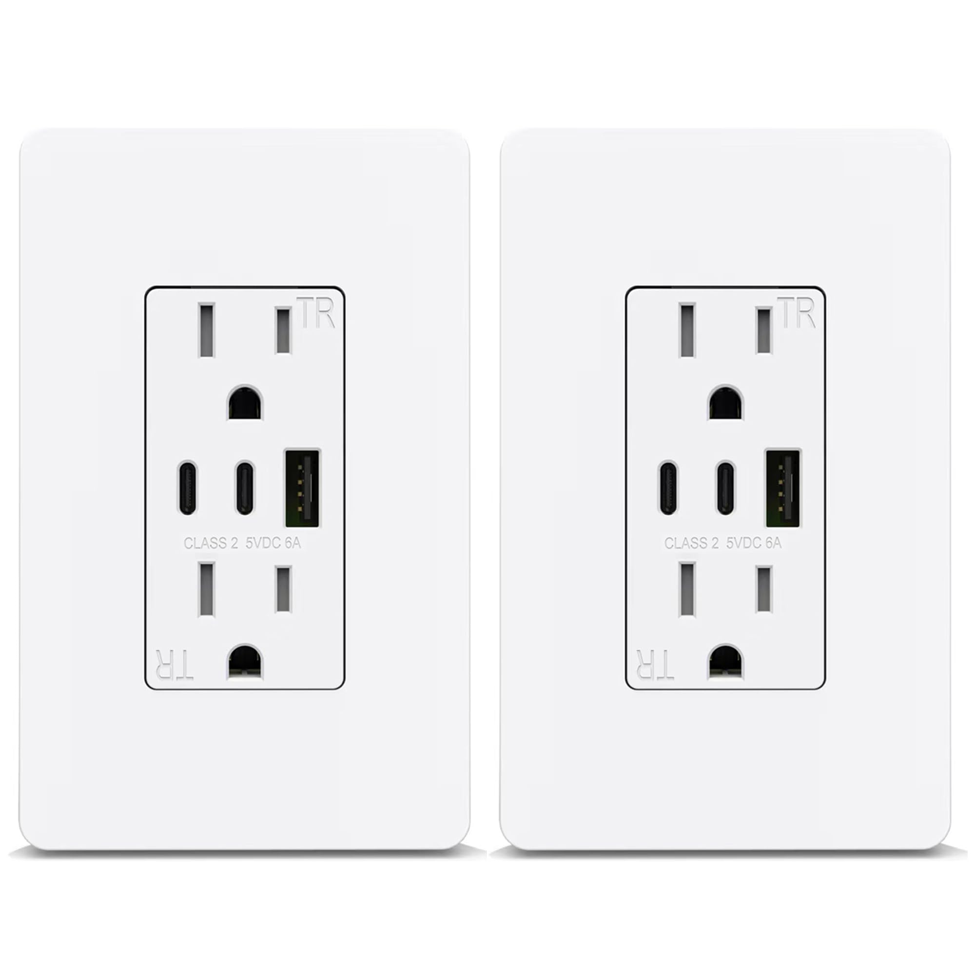 ThunderWay USB Outlet Receptacle- 3-Port USB C Wall Outlet, 30W 6.0A USB Electrical Outlet, 15 Amp Tamper-Resistant Outlet with USB C Ports, ETL Listed, Screwless Wall Plate Included, 2 Pack, White