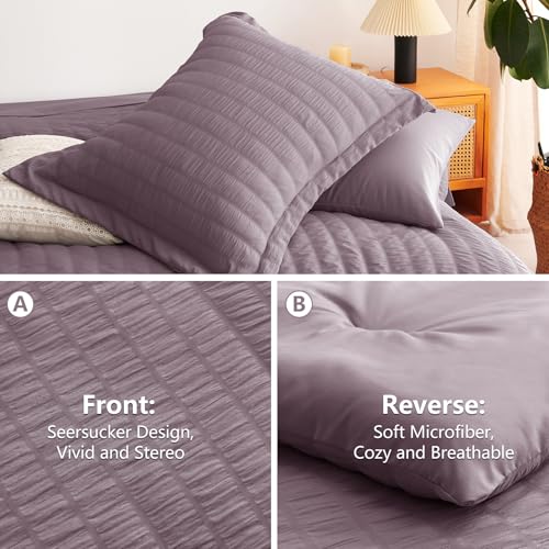 Image of CozyLux Oversized Queen Comforter Set with Sheets, 7 Pieces 98 inchx98 inch Dusty Purple Seersucker Bed in a Bag, Soft Grayish Purple Bedding Sets with Down Alternative Comforter, Sheets, Pillowcases & Shams