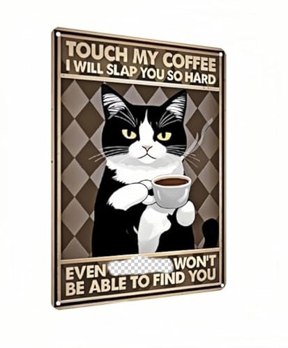 Carastora Vintage Coffee Bar Decor Sign – Black and White Cat Metal Wall Art with Humorous and Sarcastic Quote – Funny Tin Sign for Kitchen, Cafe – 8x12 Inch