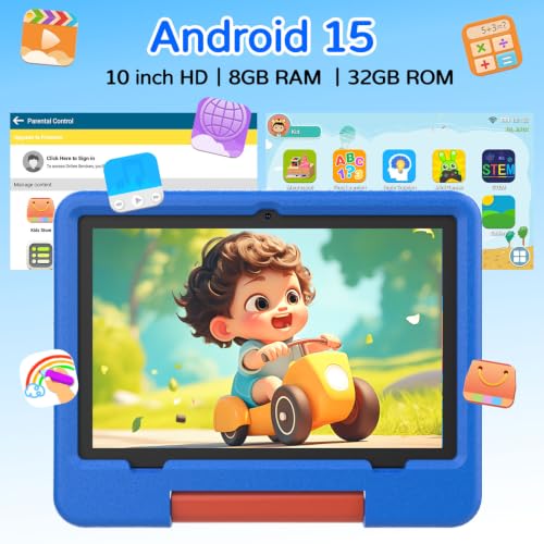Image of Android 15 Kids Tablet with EVA Case, 10 inch Tablet for Kids, 20GB (4+16) RAM+128GB ROM /MAX 2TB,1280*800 IPS HD Eye Care Touch Screen, 2.0GHz Quad-core Toddler Tablets, 5G WiFi, Widevine L1