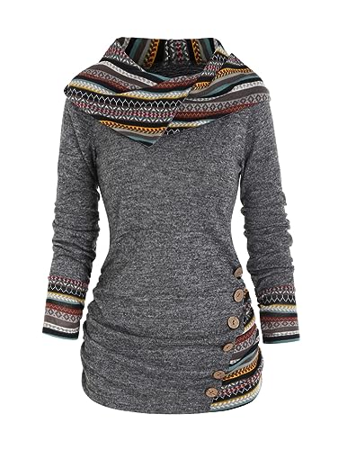 DRESSFO Women's Tribal Stripe Hooded Knit Top – Long Sleeve Pullover Sweatshirt with Mock Button Detail (Gray/Medium)