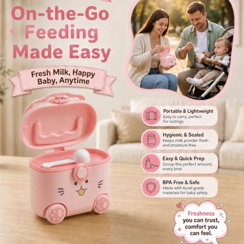 Image of StarAndDaisy Formula Milk Container for Baby Milk Powder Container with Scoop Holder, Portable Formula Dispense, Airtight First Feed Baby Food Storage Container /Box for Travel 200 Grams -Kitty Pink