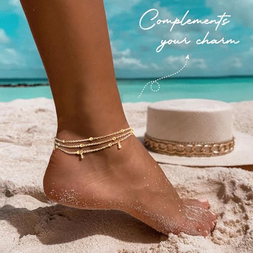 Image of MPRAINBOW Waterproof Gold Anklets for Women - 14k Gold Plated Ankle Bracelets,Summer Beach Surf Foot Chain Multilayered Stacked Bracelet Anklet Set,Layered Trendy Jewelry for Girlfriend