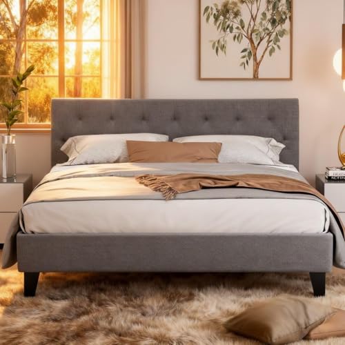 Artiss Queen Bed Frame with Tufted Headboard, Platform Base Upholstered in Grey Faux Linen Fabric + Foam + Wood for Bedroom Home Decor Modern Design