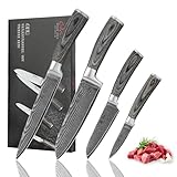 Wakoli EDIS 4-teiliges Küchenmesser Set aus Damaststahl (VG10 Kern) in edler Geschenkbox – Scharfes Damastmesser Set mit Pakkaholzgriffen – Messerset mit 2x Santoku, Fleischmesser & Officemesser