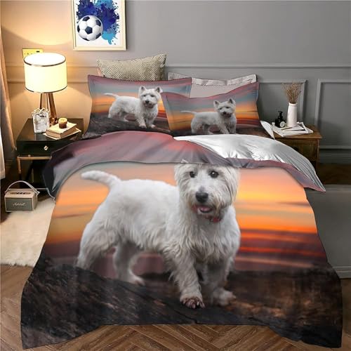 Parure de Lit Blanc Terrier Chien avec Housse Couette Microfibre 3D