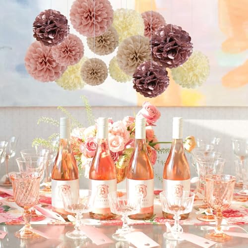Image of 20 PCS Tissue Paper Pom Poms, Tissue Pom Poms Flowers, Sizes of 6 inch, 10 inch, 12 inch, 14 inch Hanging Paper Flower Ball for Wedding, Birthday, Baby Shower Party Decor (Ivory Brown Rose Gold Pink)