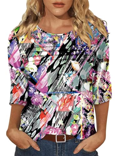 KISSMODA Women's Casual 3/4 Sleeve T-Shirts Round Neck Cute Tunic Tops Basic/Pleated Summer Tops Trendy Spring Blouses