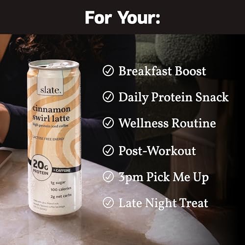 Image of Slate Milk - High Protein Iced Coffee - Cinnamon Swirl Latte - 175mg Caffeine, Lactose Free Energy - 20g Protein, 1g Sugar, 100 Calories, 2g Net Carbs, No Sugar Added - Protein Coffee - 11 fl oz, 12 Cans