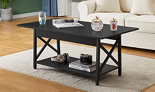 Image of GreenForest Coffee Table with Storage, 43 inch Large Modern Coffee Tables for Living Room, X-Frame Design Farmhouse Coffee Table Space Saving Living Room Tables, Easy Assembly, Black