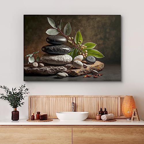 wall26 Canvas Print Wall Art Zen Massage Stone Pebble Bamboo Leaf Nature Wilderness Photography Realism Modern Art Decorative Multicolor Rustic Minimal Relax/Calm/Cozy Colorful for Bedroom - 24"x36"